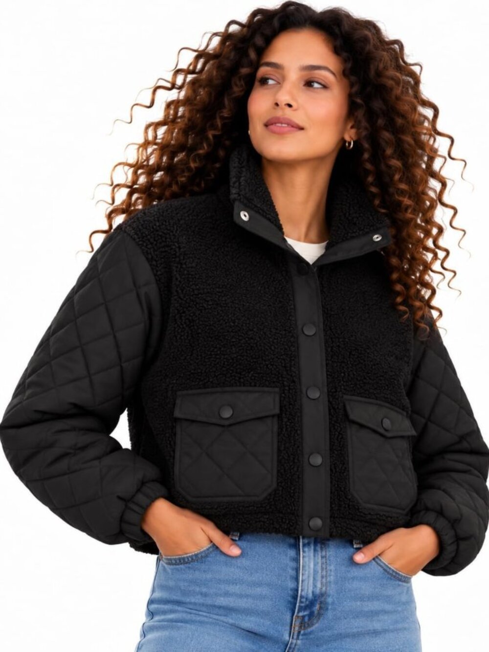 Cozy Women's Sherpa Fleece Jacket - Quilted Snap Coat with Cargo Pockets